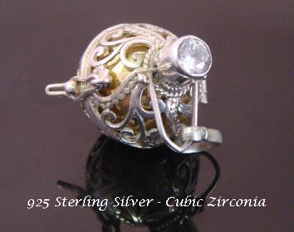 Sterling Silver Harmony Ball, Ornate Design with CZ Gemstone - Click Image to Close